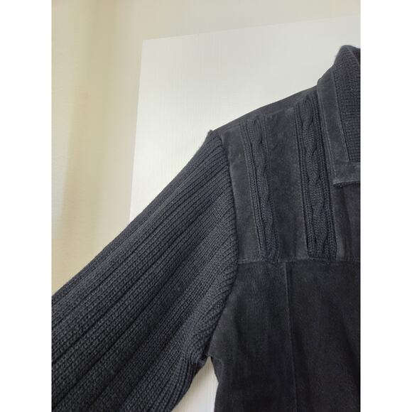 Vintage Cactus Black Leather Front Zip Knit Sweater Bomber Jacket, Men's Medium - Picture 5 of 13